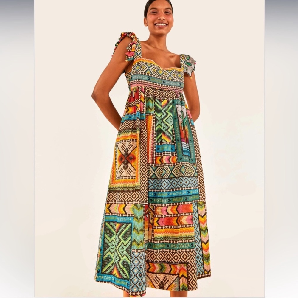 NWOT FARM RIO Banana Scarves Yawanawa Embellished Midi Dress Small tropical bead